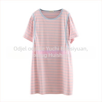 Trudnička haljina za dojenje, prugasta pamuk, okrugli izrez, rukavi 3/4, A-linijska midi duljine, opuštenog kroja