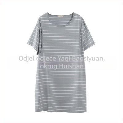 Trudnička haljina za dojenje, prugasta pamuk, okrugli izrez, rukavi 3/4, A-linijska midi duljine, opuštenog kroja