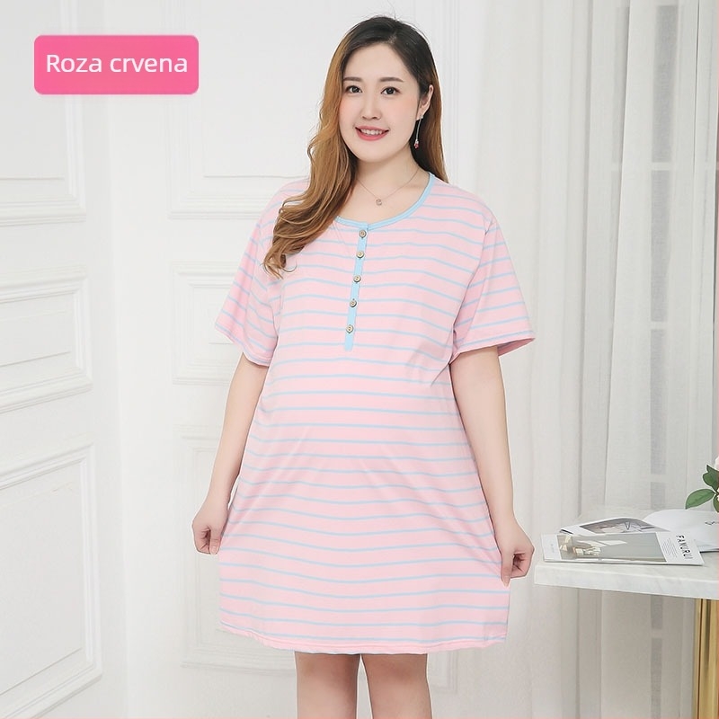 Trudnička haljina za dojenje, prugasta pamuk, okrugli izrez, rukavi 3/4, A-linijska midi duljine, opuštenog kroja