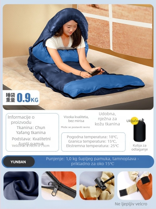 Spavaća vreća za odrasle, punilo Space cotton, podstava poliester-pamučna, tkanina pamuk, konstrukcija tipa omotnice