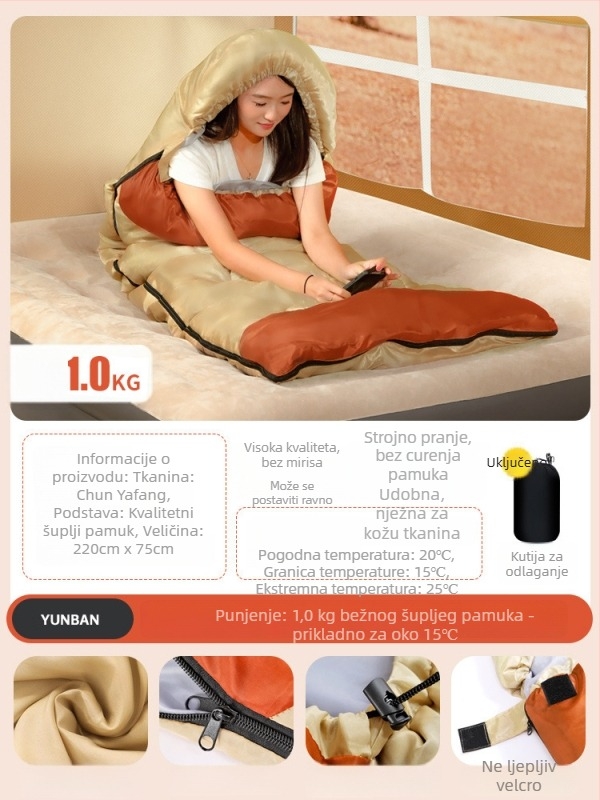 Spavaća vreća za odrasle, punilo Space cotton, podstava poliester-pamučna, tkanina pamuk, konstrukcija tipa omotnice