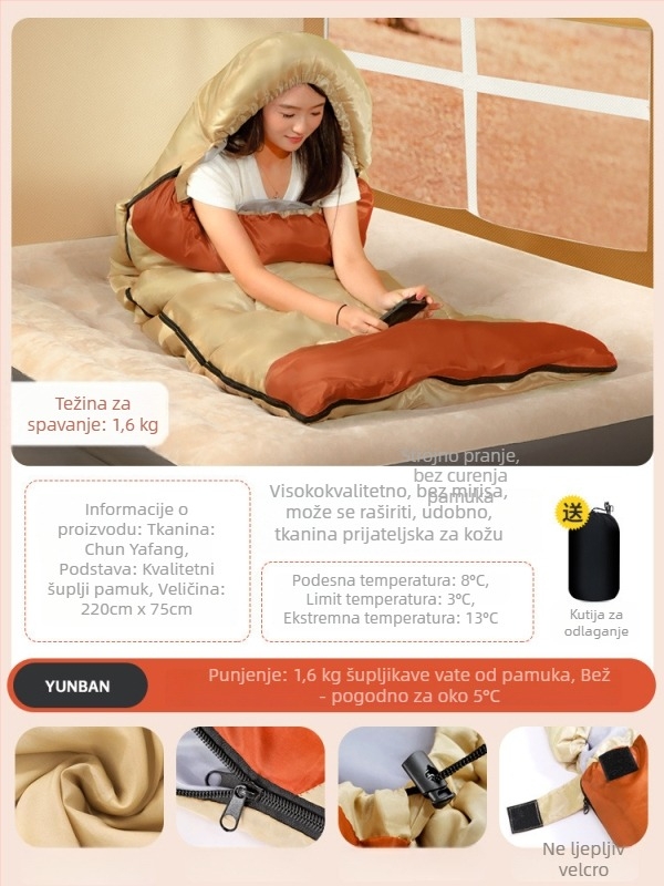 Spavaća vreća za odrasle, punilo Space cotton, podstava poliester-pamučna, tkanina pamuk, konstrukcija tipa omotnice