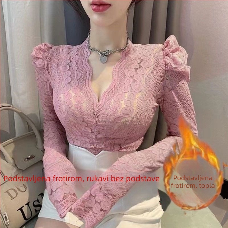 Čipkasta bluza s V-izrezom i puff rukavima, poliester čipka, nepravilan kroj, za žene, zima 2021