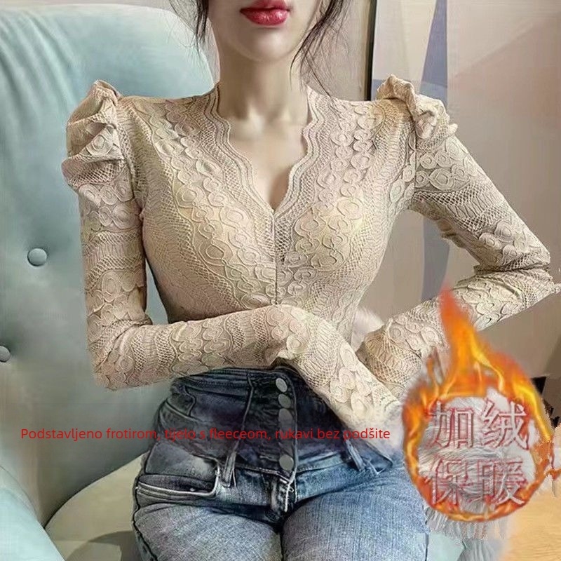 Čipkasta bluza s V-izrezom i puff rukavima, poliester čipka, nepravilan kroj, za žene, zima 2021