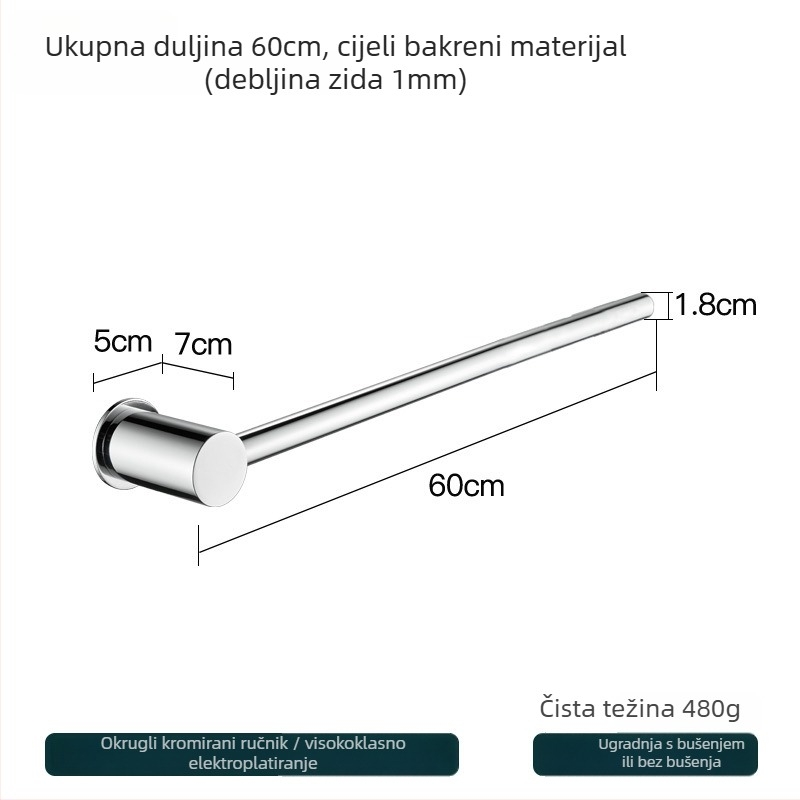 Bakreni držač za ručnike – montaža bez bušenja, nosivost 10 kg, jednoslojni dizajn, moderan minimalistički stil