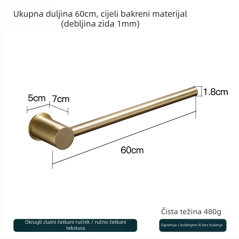 Bakreni držač za ručnike – montaža bez bušenja, nosivost 10 kg, jednoslojni dizajn, moderan minimalistički stil