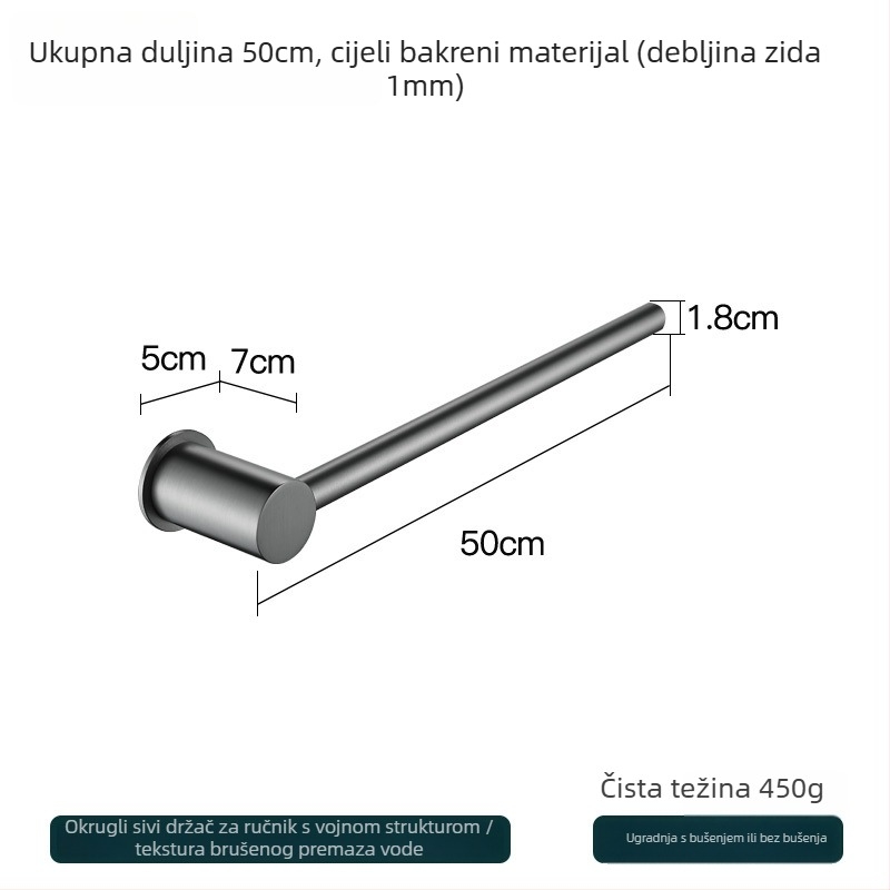 Bakreni držač za ručnike – montaža bez bušenja, nosivost 10 kg, jednoslojni dizajn, moderan minimalistički stil