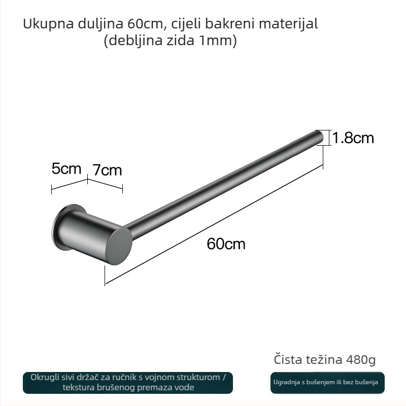 Bakreni držač za ručnike – montaža bez bušenja, nosivost 10 kg, jednoslojni dizajn, moderan minimalistički stil