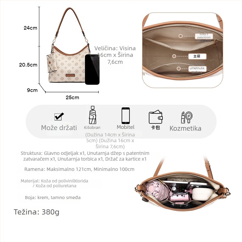 Ženska PVC crossbody torbica, zatvarač, unutarnja podstava od tkanine, jesen 2025