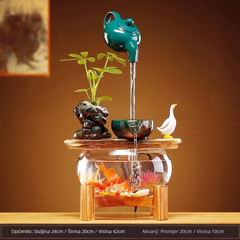 Ceramička viseća vodena fontana s cirkulirajućim ribljim akvarijem – stolna dekoracija u stilu Novokineskog, ručno izrađena, glazirana površina