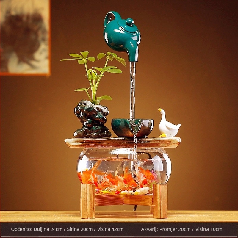 Ceramička viseća vodena fontana s cirkulirajućim ribljim akvarijem – stolna dekoracija u stilu Novokineskog, ručno izrađena, glazirana površina