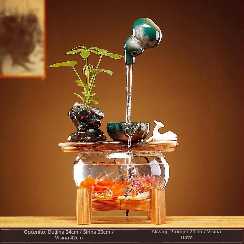 Ceramička viseća vodena fontana s cirkulirajućim ribljim akvarijem – stolna dekoracija u stilu Novokineskog, ručno izrađena, glazirana površina