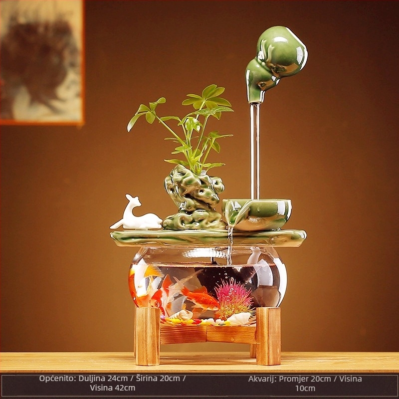 Ceramička viseća vodena fontana s cirkulirajućim ribljim akvarijem – stolna dekoracija u stilu Novokineskog, ručno izrađena, glazirana površina