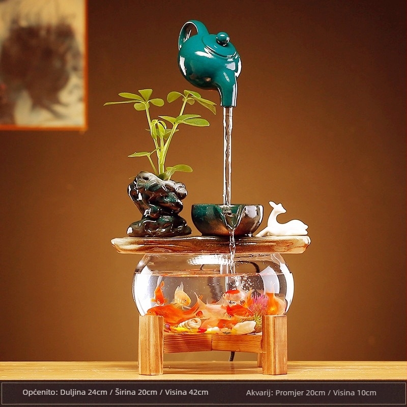 Ceramička viseća vodena fontana s cirkulirajućim ribljim akvarijem – stolna dekoracija u stilu Novokineskog, ručno izrađena, glazirana površina