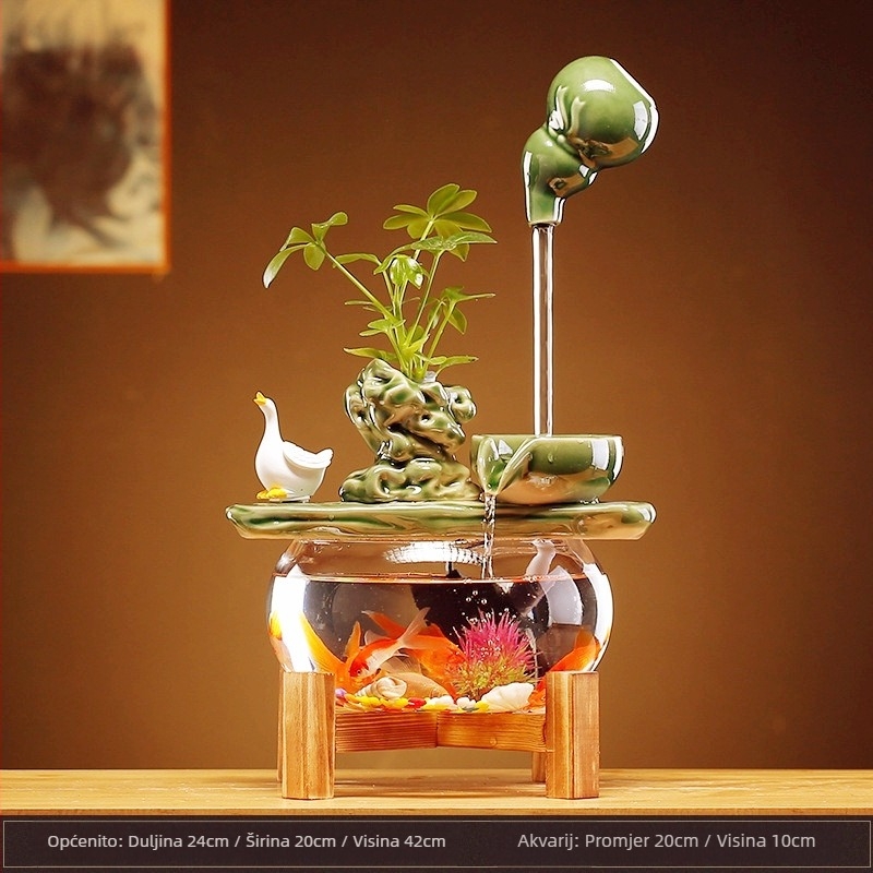 Ceramička viseća vodena fontana s cirkulirajućim ribljim akvarijem – stolna dekoracija u stilu Novokineskog, ručno izrađena, glazirana površina