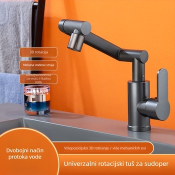 Kuhinjska i kupaonska slavina od nehrđajućeg čelika, univerzalni okretni mehanizam, spiralna ugradnja, keramički ventil, promjer ulaza/izlaza 60 mm