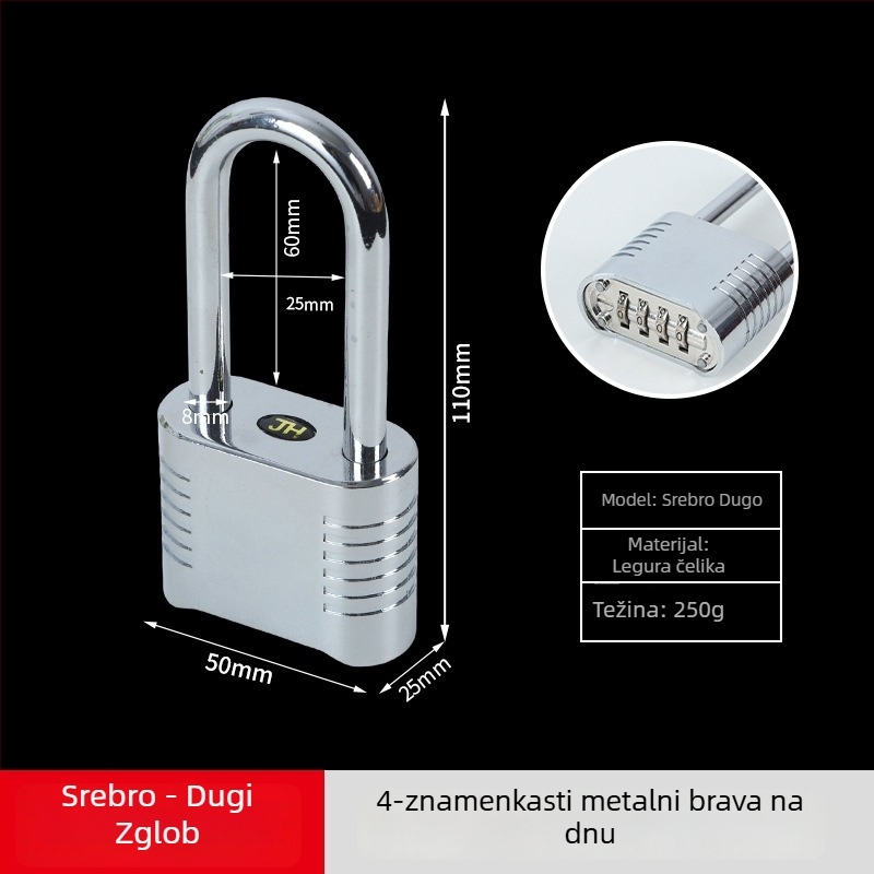 Mehanička brava s lozinkom - nehrđajući čelik, 8 mm šipka, model dugačak / kratak, za garderobe i vrata, otključavanje lozinkom