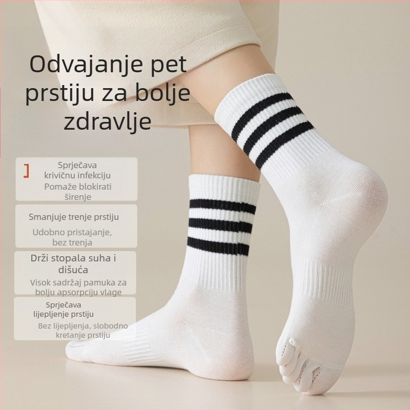 Ženske čarape s pet prstiju, srednje dužine, pamukaste — antibakterijske, upijaju znoj, dezodorirajuće, protiv trenja; bezšivne izrade; sastav: 80% pamuk, 17% poliester, 3% spandeks