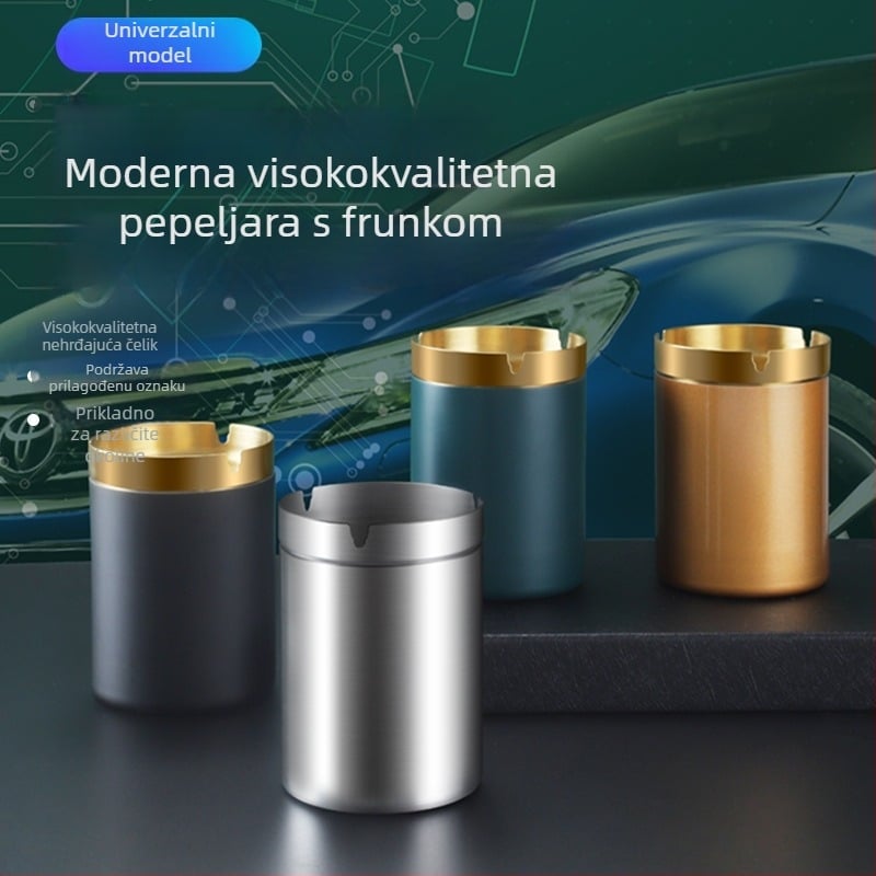 Pepeljak od nehrđajućeg čelika, oblik lijevka – moderni minimalistički dizajn, za kuću, ured ili automobil; s otisnutim logom; pogodno kao dar