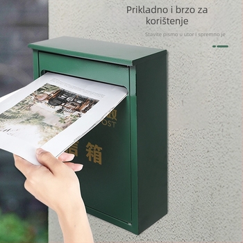 Željezna viseća poštanska kutija s kišnom zaštitom za vanjsku upotrebu; za pisma, novine, prijedloge i prijave. Materijal: čelična ploča hladno valjana; Proces: sitotisak; polu-radni, polu-mehanički. Marke: Other; Licencirana privatna etiketa: dongxu