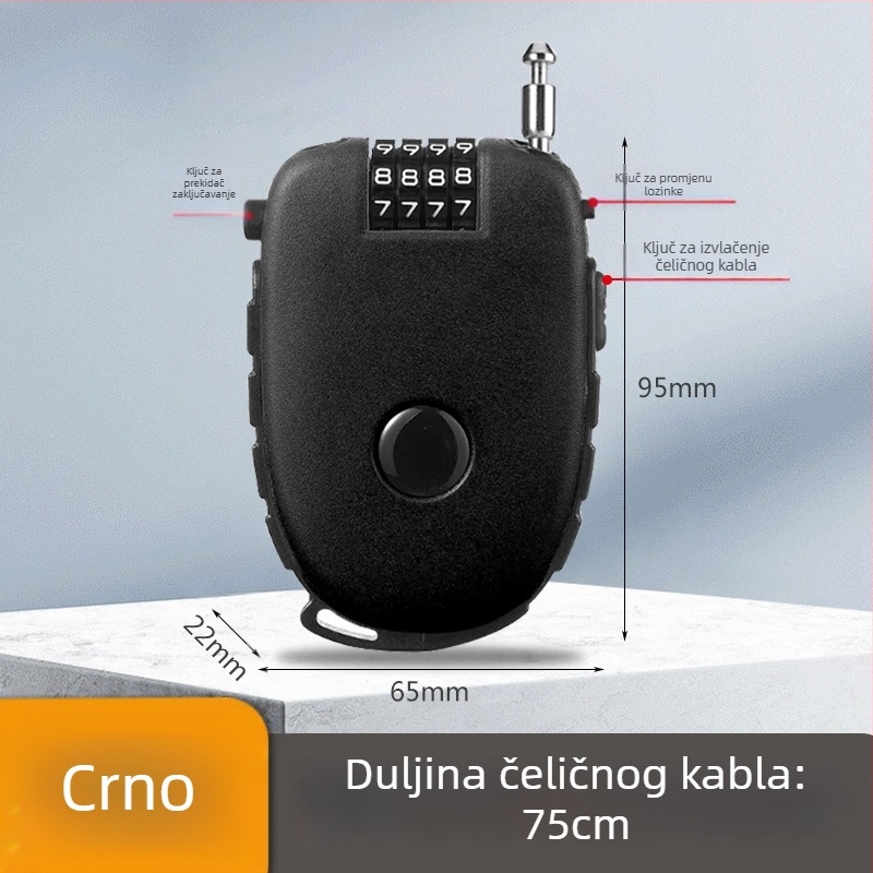 Ključ za kacigu s izvlačnim čeličnim kabelom – ABS kućište, debljina šipke 1 mm, model Cow lock, strojnog tipa, moderni stil