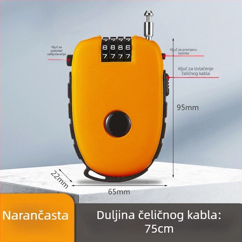 Ključ za kacigu s izvlačnim čeličnim kabelom – ABS kućište, debljina šipke 1 mm, model Cow lock, strojnog tipa, moderni stil