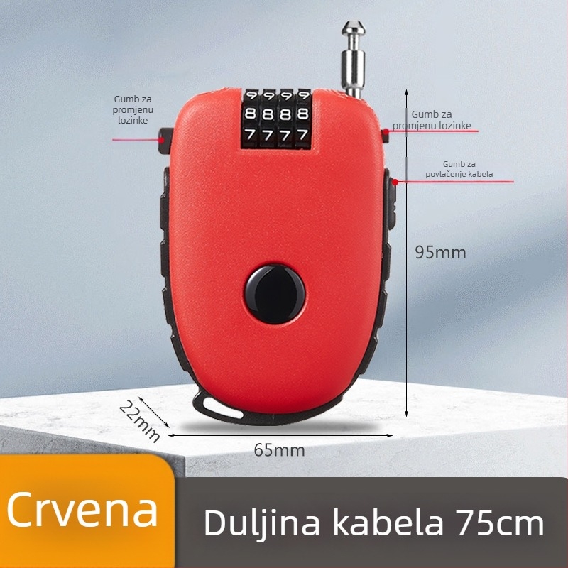 Ključ za kacigu s izvlačnim čeličnim kabelom – ABS kućište, debljina šipke 1 mm, model Cow lock, strojnog tipa, moderni stil