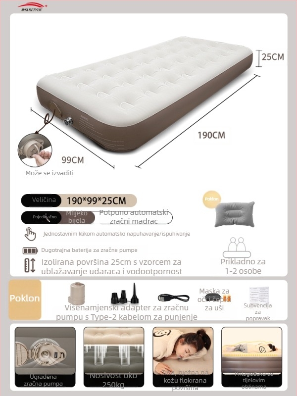 Automatski nafukujući zračni madrac za kampiranje – prenosni podni madrac za odmor, površina od kompozitne tkanine