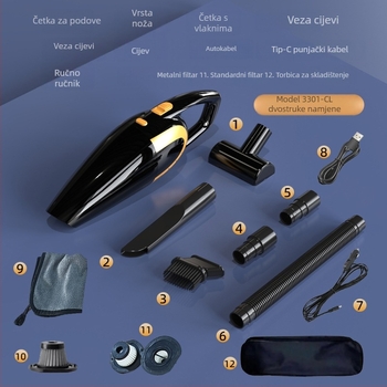 Prijenosni usisavač za kuću i auto, ručni bežični s visokom usisnom snagom (12V, 120W, 18000 Pa, 20 min rad, HEPA filtr)