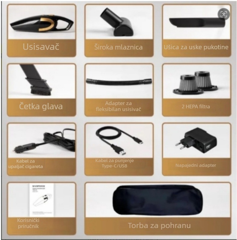 Prijenosni usisavač za kuću i auto, ručni bežični s visokom usisnom snagom (12V, 120W, 18000 Pa, 20 min rad, HEPA filtr)