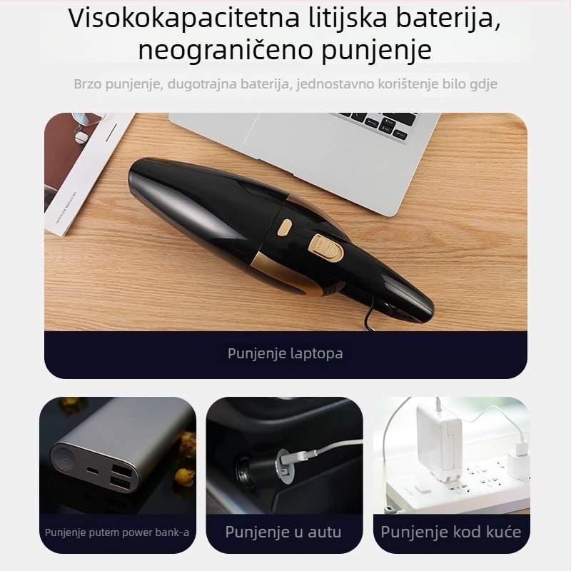 Prijenosni usisavač za kuću i auto, ručni bežični s visokom usisnom snagom (12V, 120W, 18000 Pa, 20 min rad, HEPA filtr)