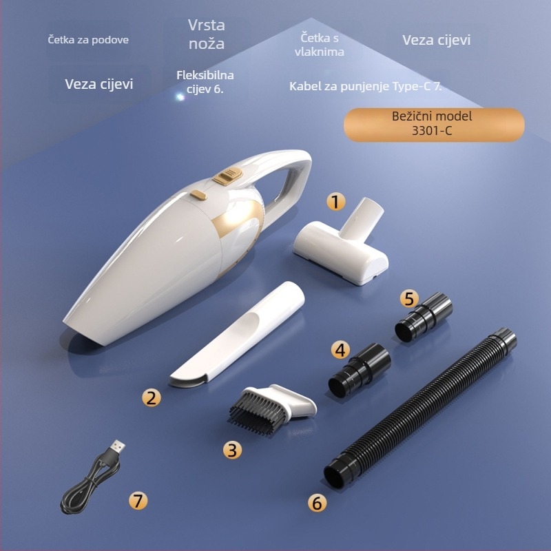 Prijenosni usisavač za kuću i auto, ručni bežični s visokom usisnom snagom (12V, 120W, 18000 Pa, 20 min rad, HEPA filtr)