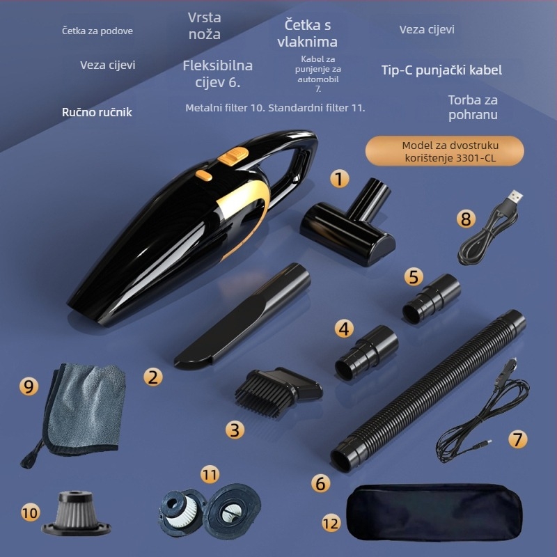 Prijenosni usisavač za kuću i auto, ručni bežični s visokom usisnom snagom (12V, 120W, 18000 Pa, 20 min rad, HEPA filtr)