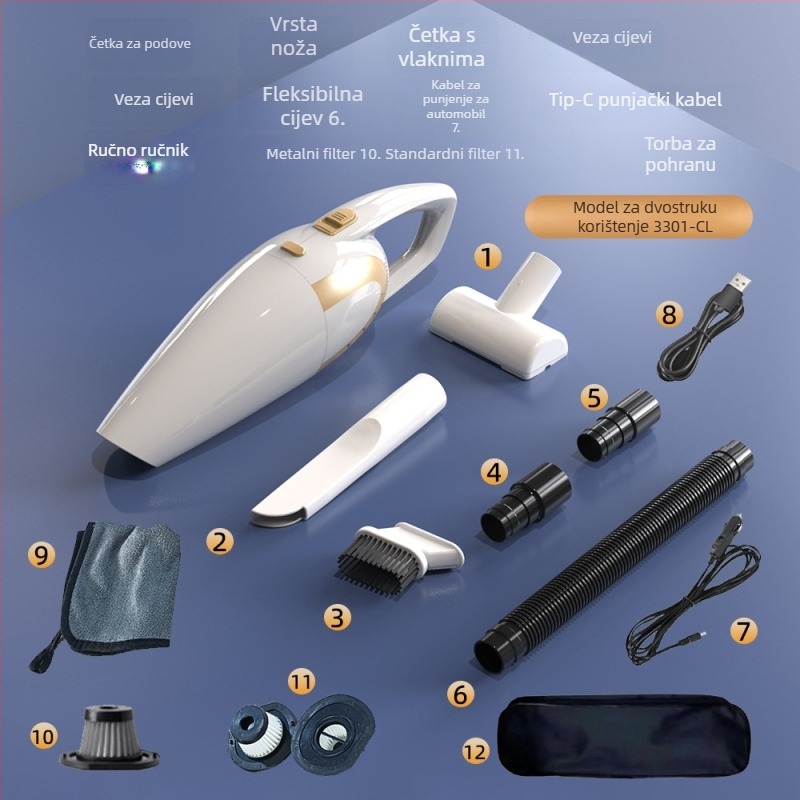 Prijenosni usisavač za kuću i auto, ručni bežični s visokom usisnom snagom (12V, 120W, 18000 Pa, 20 min rad, HEPA filtr)