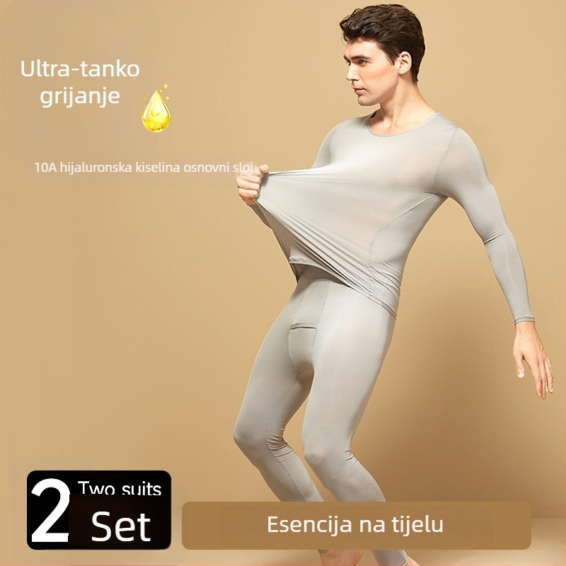 Muški termo komplet za jesen-zimu: ultra-tanki najlonski temeljni sloj s gornjim dijelom i hlačama, okrugli izrez, jednodijelni sloj, jednobojni uzorak, nježan prema koži