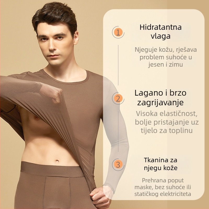 Muški termo komplet za jesen-zimu: ultra-tanki najlonski temeljni sloj s gornjim dijelom i hlačama, okrugli izrez, jednodijelni sloj, jednobojni uzorak, nježan prema koži