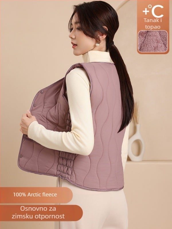 Ženska najlon vesta s pamukom punjenjem, V-izrez, uski kroj, kratka duljina