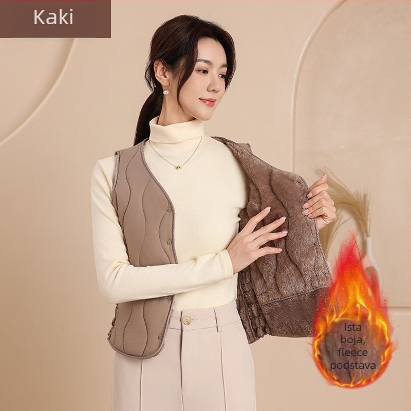 Ženska najlon vesta s pamukom punjenjem, V-izrez, uski kroj, kratka duljina