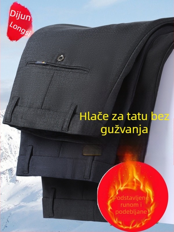 Muške zimske casual hlače s ravnim krojem, podstavljene flisom, visoki struk, tkanina Lycra/polyester