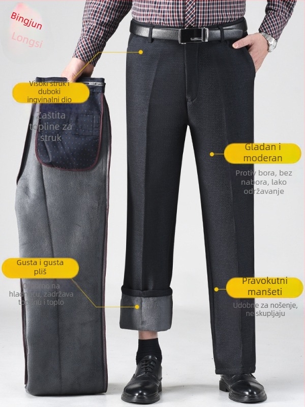 Muške zimske casual hlače s ravnim krojem, podstavljene flisom, visoki struk, tkanina Lycra/polyester