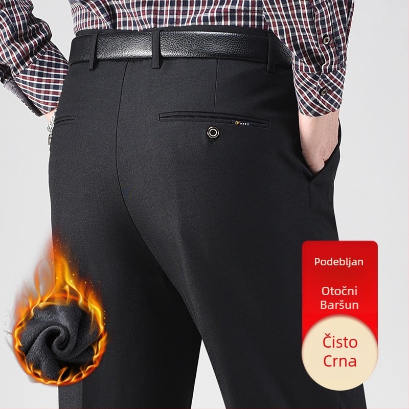 Muške zimske casual hlače s ravnim krojem, podstavljene flisom, visoki struk, tkanina Lycra/polyester