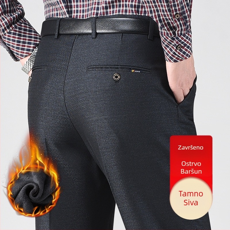 Muške zimske casual hlače s ravnim krojem, podstavljene flisom, visoki struk, tkanina Lycra/polyester