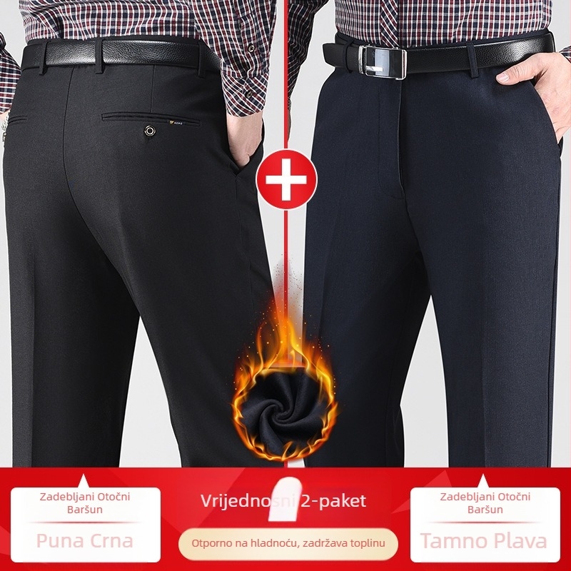 Muške zimske casual hlače s ravnim krojem, podstavljene flisom, visoki struk, tkanina Lycra/polyester