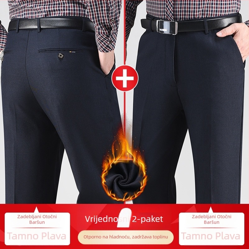 Muške zimske casual hlače s ravnim krojem, podstavljene flisom, visoki struk, tkanina Lycra/polyester