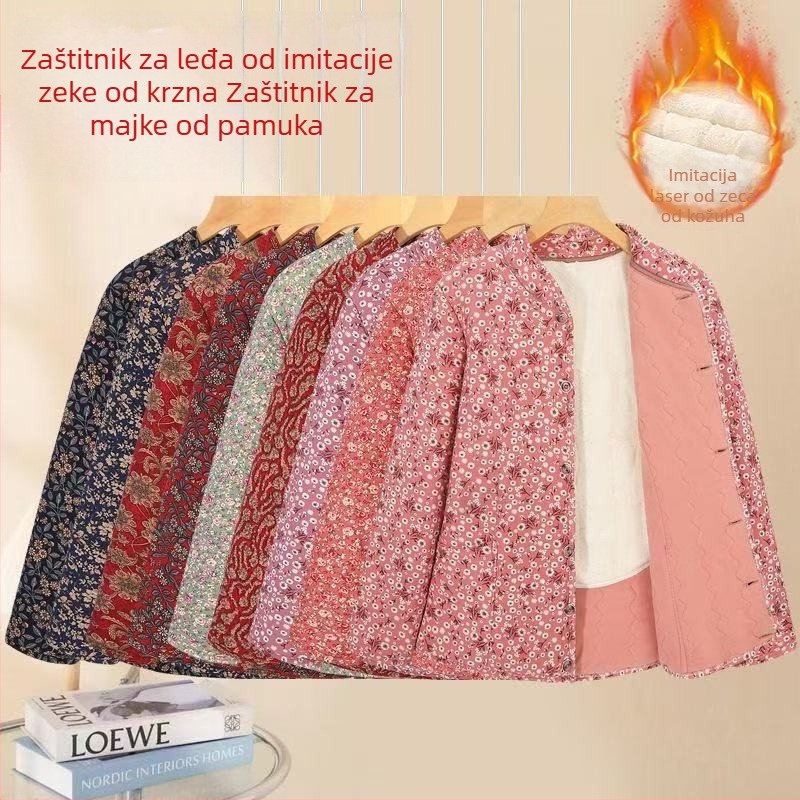 Ženski zimski kaput s pamukovim punjenjem, okrugli izrez, dugi rukavi, uzorak razbijenih cvjetova, poliester tkanina