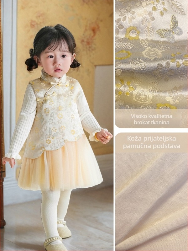 Dječja haljina u kineskom stilu bez rukava, saten, A-linija, uzorak slova i točkice, podstava 100% pamuka