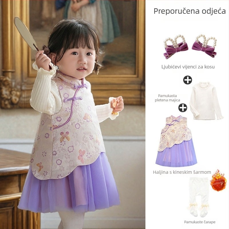 Dječja haljina u kineskom stilu bez rukava, saten, A-linija, uzorak slova i točkice, podstava 100% pamuka