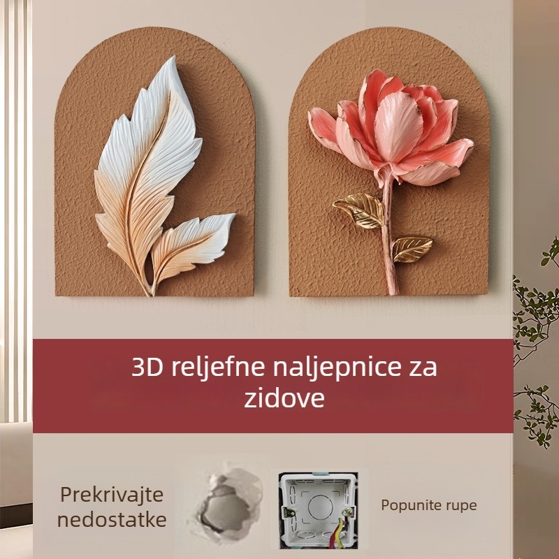 3D dekorativna zidna naljepnica – 1 kom, smola + drvena ploča, motiv biljaka i cvijeća, moderan minimalistički stil, trodimenzionalni dizajn