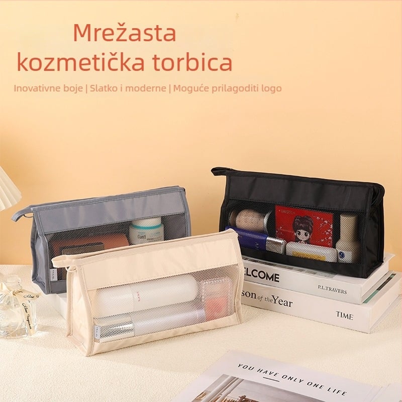 Kozmetička torbica od poliestera, unutarnja podstava od Twilla, zatvarač za otvaranje, unutarnji džep sa zatvaračem, kapacitet 20–35 L.