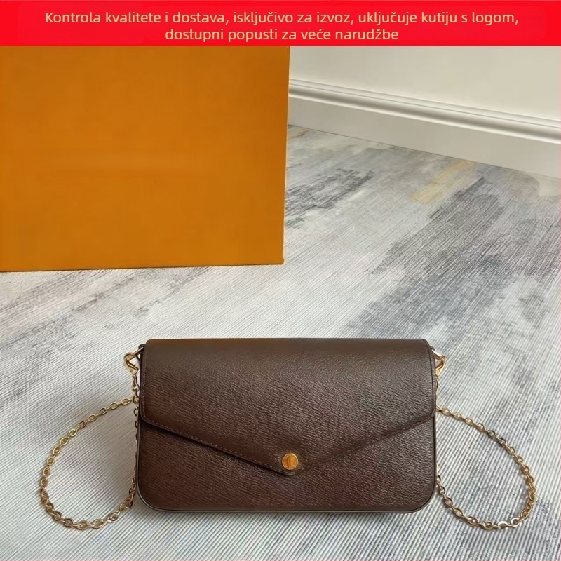 Ženska Monogram Lančana Crossbody Torba, Od Prave Kože, Horizontalni Kvadratni Oblik, Zatvarač, Unutarnja Džep za Telefon, Oxford Podstava